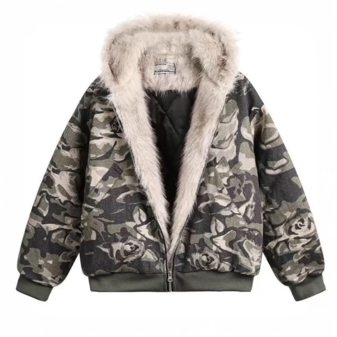 y2k 迷彩 ファー付き ジャケット 迷彩柄 ファージャケットパーカー S