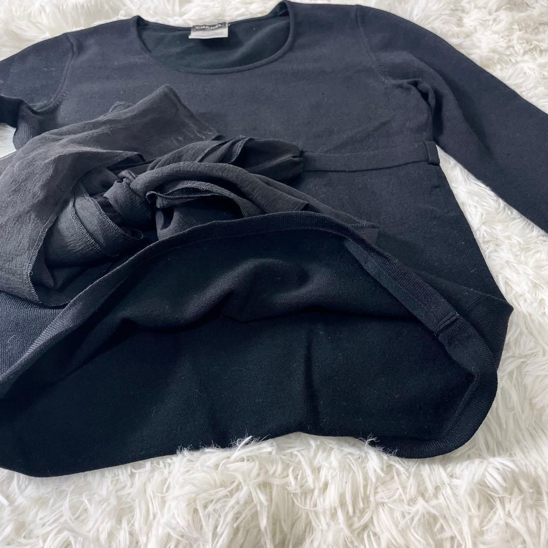 シャネル CHANEL カットソー ウエストリボン 袖リボン ブラウン 黒