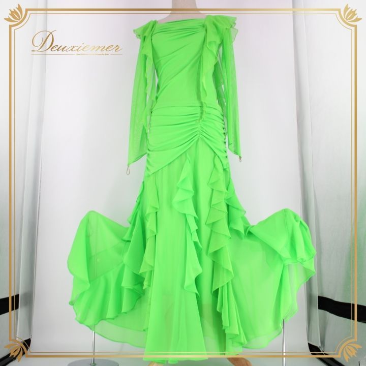 社交ダンス 衣装 上下セット ツーピース レッスンウェア パーティ衣装 Create Sun クリエイトサン 黄緑 グリーン系 無地 フリル 輝く ラインストーン ジュニア ダンスウェア ダンス スカート トップス 伸縮性 ポリエステル 派手