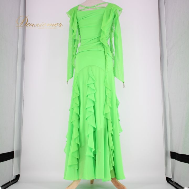 グリーン フリル付き社交ダンス衣装 社交ダンス 衣装 スタンダード 上下セット ツーピース レッスンウェア