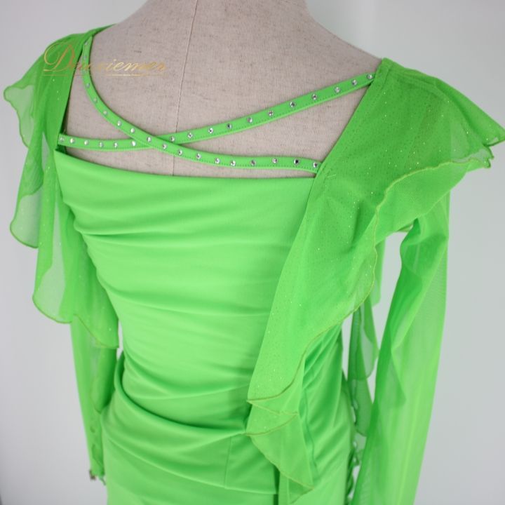 社交ダンス 衣装 上下セット ツーピース レッスンウェア パーティ衣装 Create-Sun クリエイトサン 黄緑 グリーン系 無地 フリル 輝く ラインストーン ジュニア ダンスウェア ダンス スカート トップス 伸縮性 ポリエステル 派手