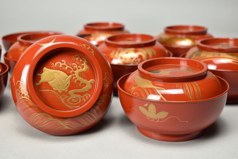 蔵A 5734 c 木製朱塗 絵替蒔絵 菓子椀 十客