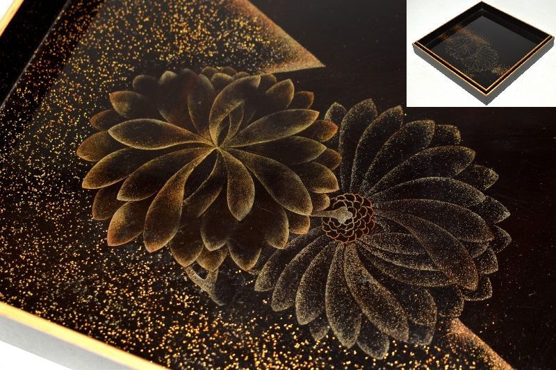 蔵A 5722 a 木製研出蒔絵 花図 入子盆 四方盆 二客