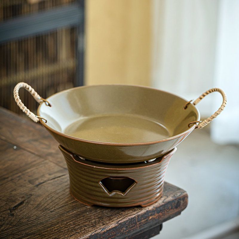 2点セット 粗陶器乾鍋 炭火 籐のハンドル 両耳 アルコールストーブ 粗陶器 乾鍋 レトロ ヴィンテージ
