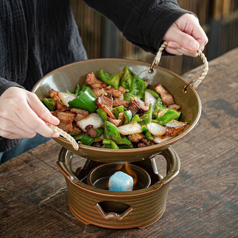 2点セット 粗陶器乾鍋 炭火 籐のハンドル 両耳 アルコールストーブ 粗陶器 乾鍋 レトロ ヴィンテージ