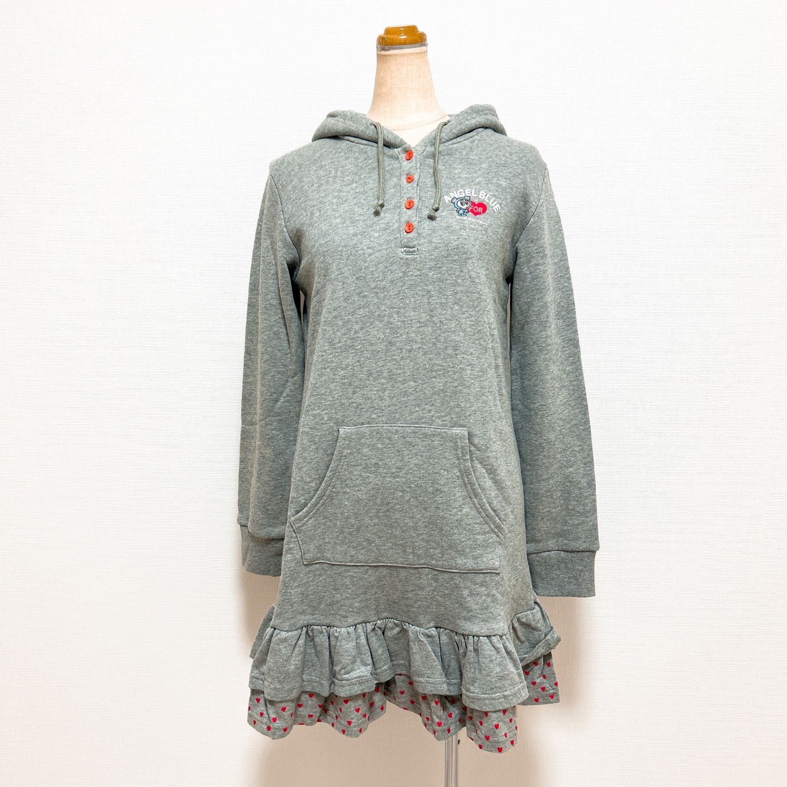 ANGEL BLUE エンジェルブルー パーカーワンピース ナカムラくん 刺繍 ロゴ ハート フリル ティアード L 160 綿 長袖 Y 2 K 平成女児 平成レトロ 韓国系 ギャル ウィッシュコア グランジ Archive