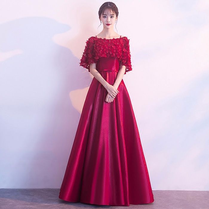 M ワインレッド パーティードレス ロングドレス 演奏会 韓国 ぽっちゃり 編み上げタイプ 舞踏会 披露宴 司会者 20代 30代 レース 成人式 da 553 ze