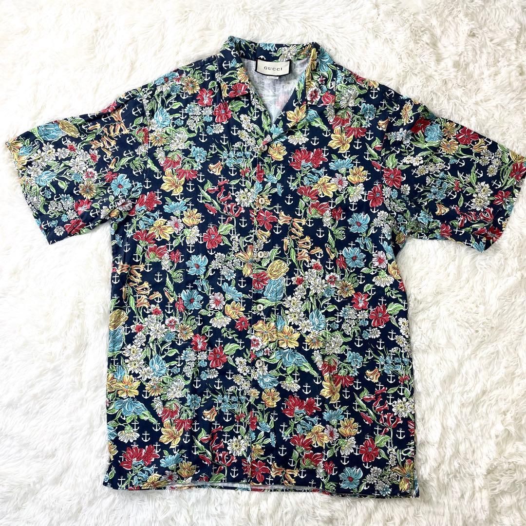 グッチ GUCCI アロハシャツ 花柄 碇 半袖 メンズ Lサイズ