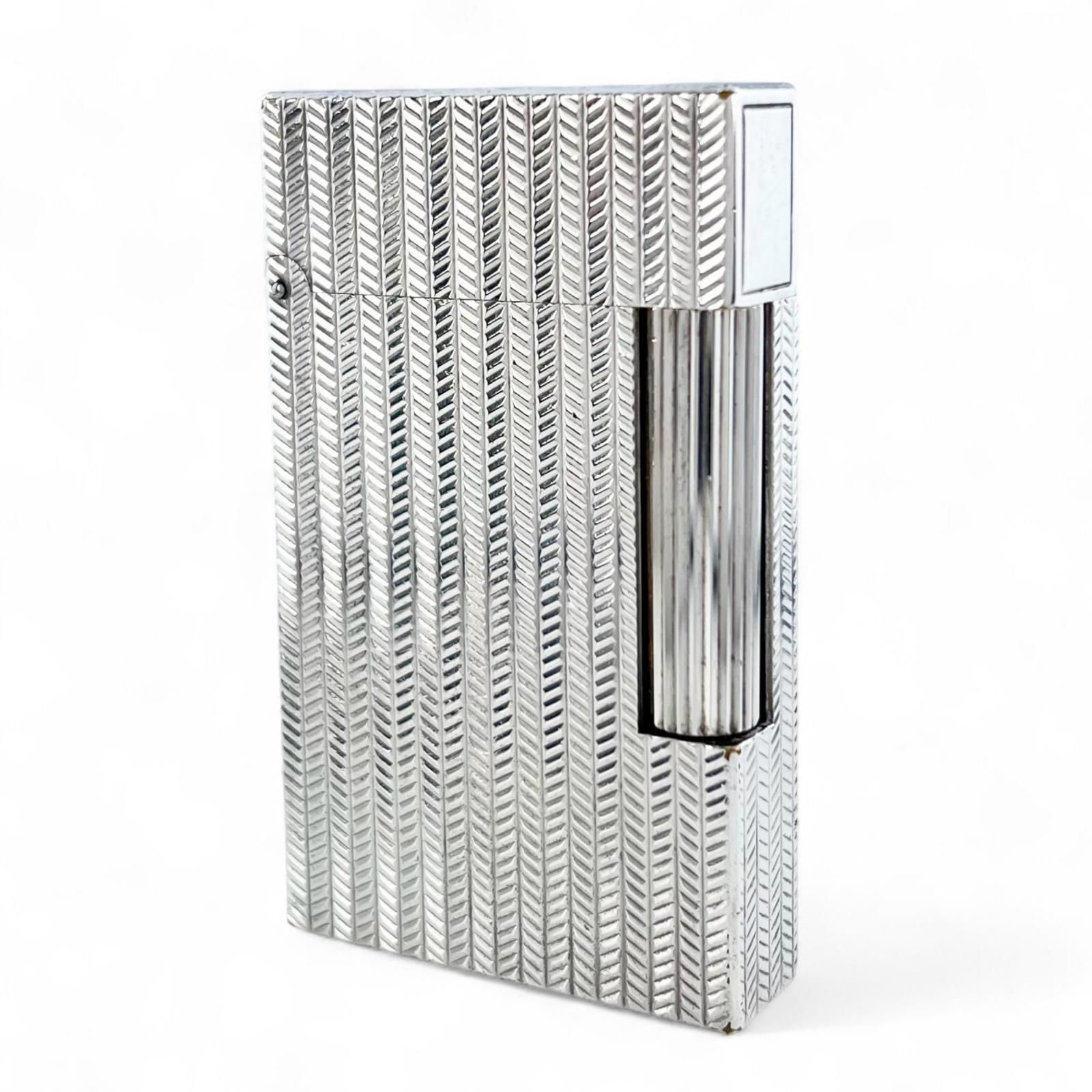 Dupont デュポン ライン2 ヘリンボーン柄 ローラー式 喫煙具 ガスライター シルバー フランス製 メンズ 着火 済み