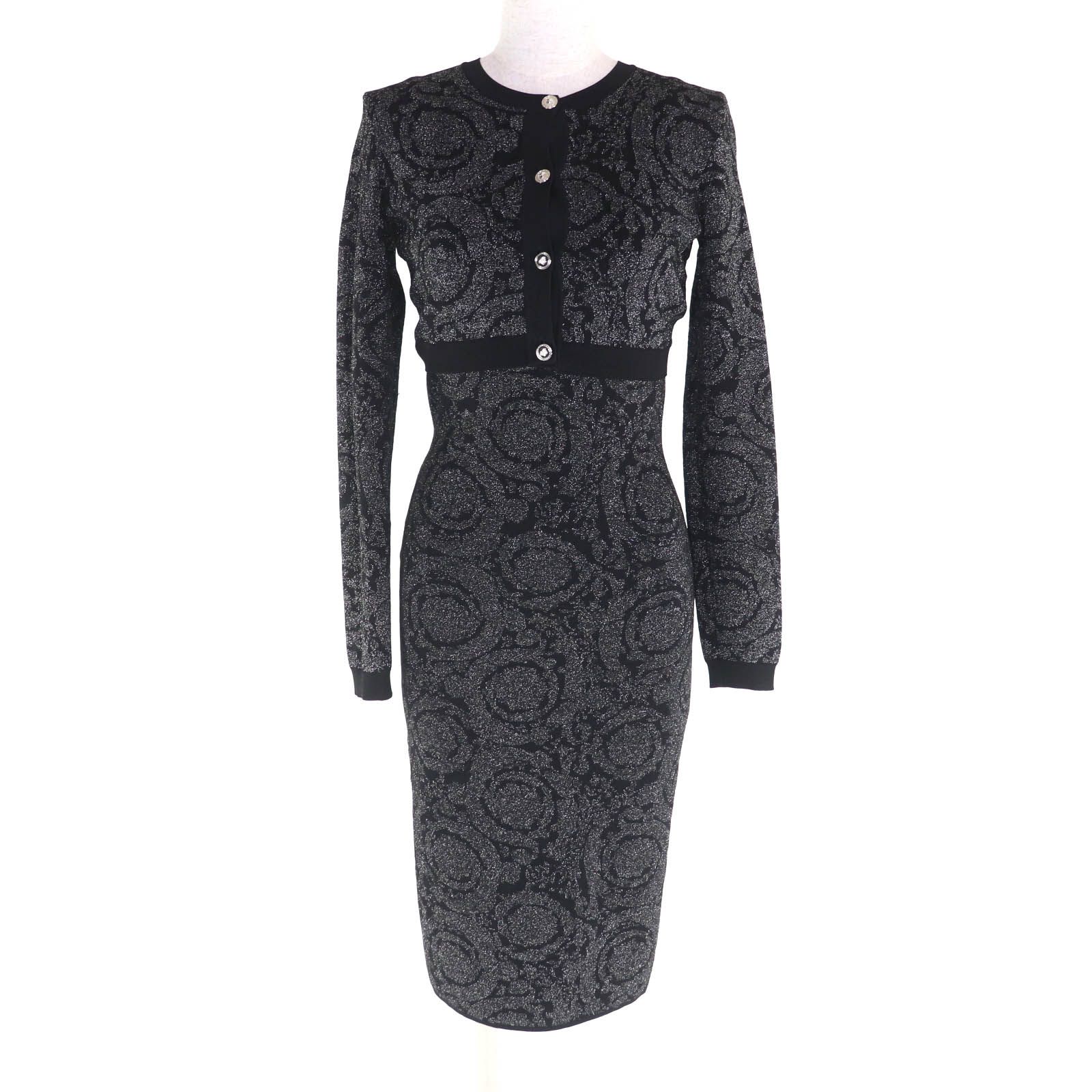 VERSACE ヴェルサーチ 2025年製 1011020|1011396 メデューサ バロッコ ルレックスニット カーディガン＋キャミワンピース セットアップ ブラック シルバー カーデ 36|ワンピ 40 イタリア製 レディース