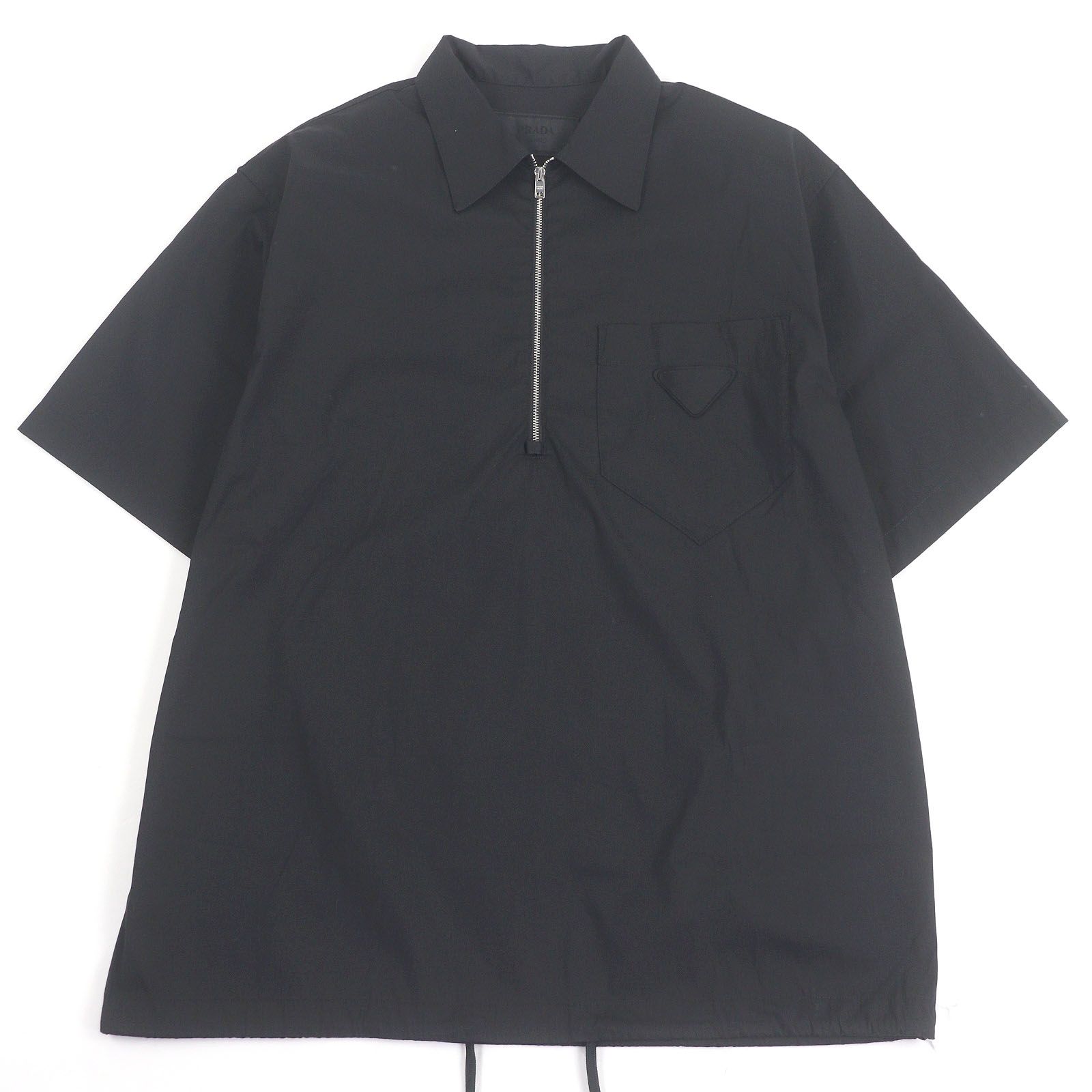 □PRADA プラダ 24 SS SC 763 ハーフZIP トライアングルモチーフ コットンブレンド 半袖シャツ ブラック M イタリア製 メンズ