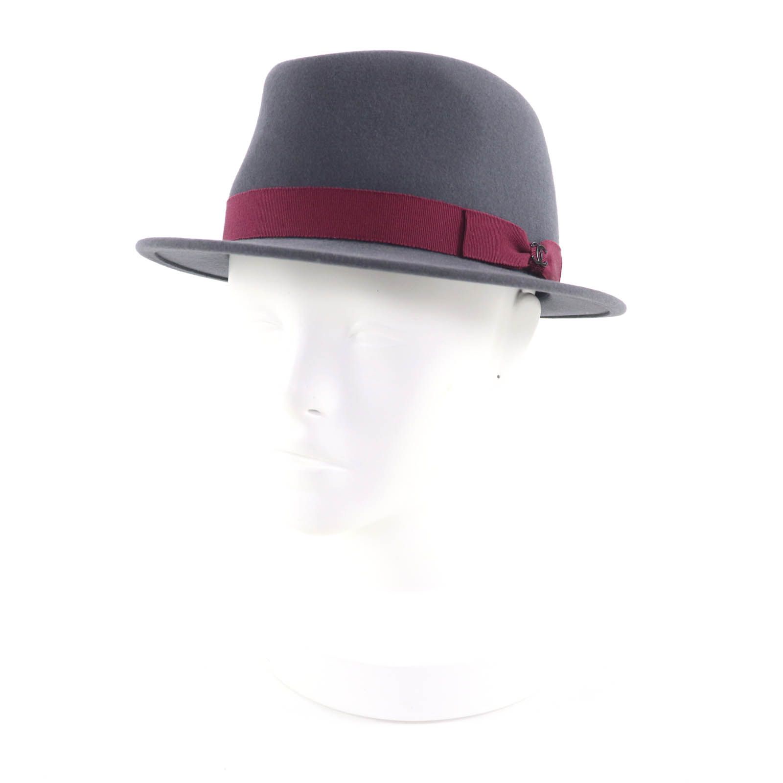 CHANEL シャネル ココマークプレート付 ラビットフェルト ハット グレー ボルドー M フランス製 レディース