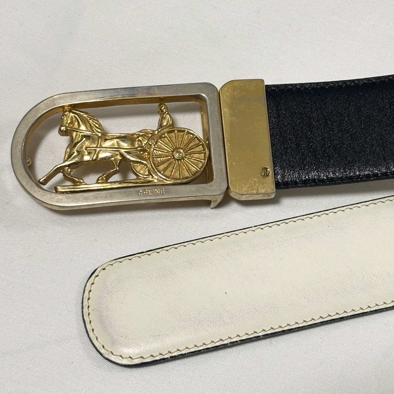 送料無料】CELINE/セリーヌ/ベルト/レザー/ブラック×ゴールド/馬車