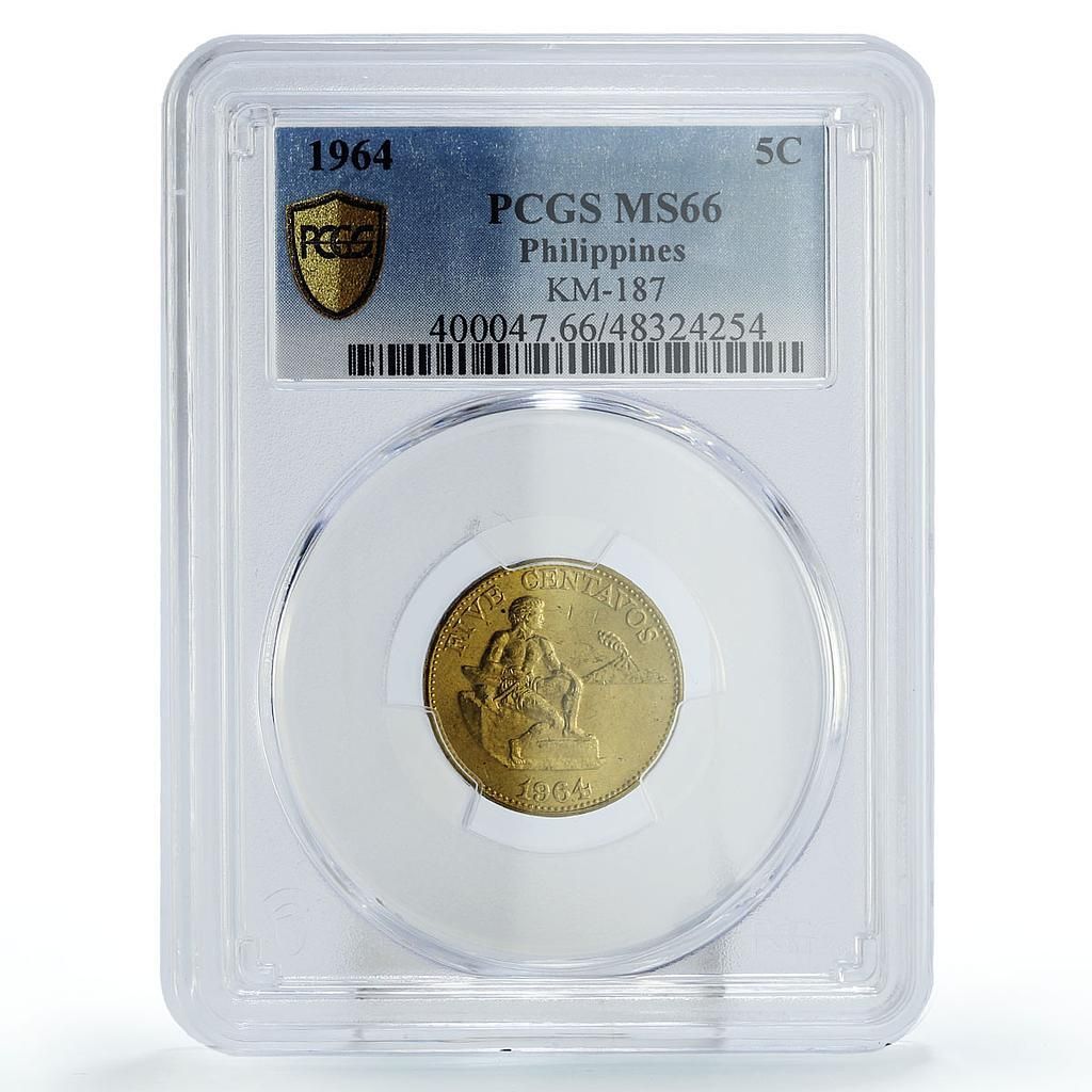 フィリピン 5センタボ 通常貨幣 リバティ KM 187 MS 66 PCGS 真鍮貨幣 1964年