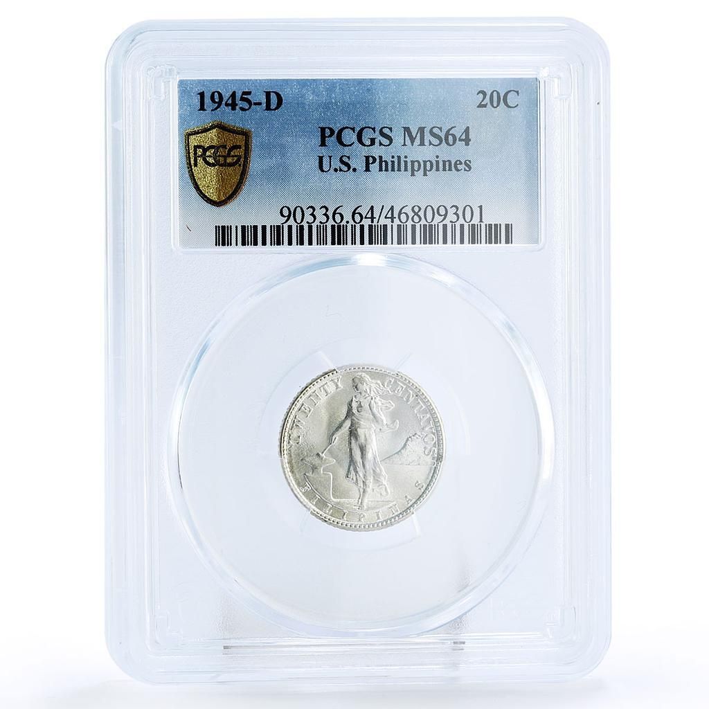 フィリピン 20センタボ 国貨幣 KM 182 MS 64 PCGS 銀貨 1945年