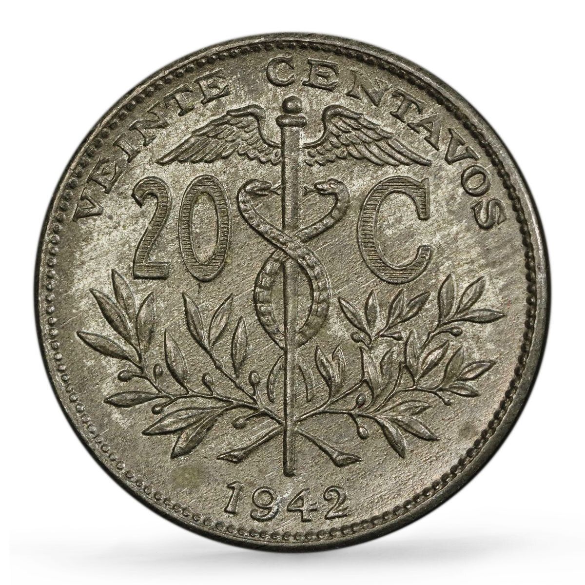 ボリ 20センタボ 通常貨幣 ラマヤシの木 KM 183 MS 63 PCGS 亜鉛貨幣 1942年