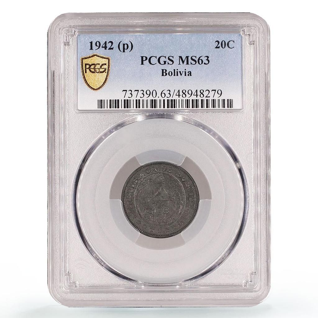 ボリ 20センタボ 通常貨幣 ラマヤシの木 KM 183 MS 63 PCGS 亜鉛貨幣 1942年