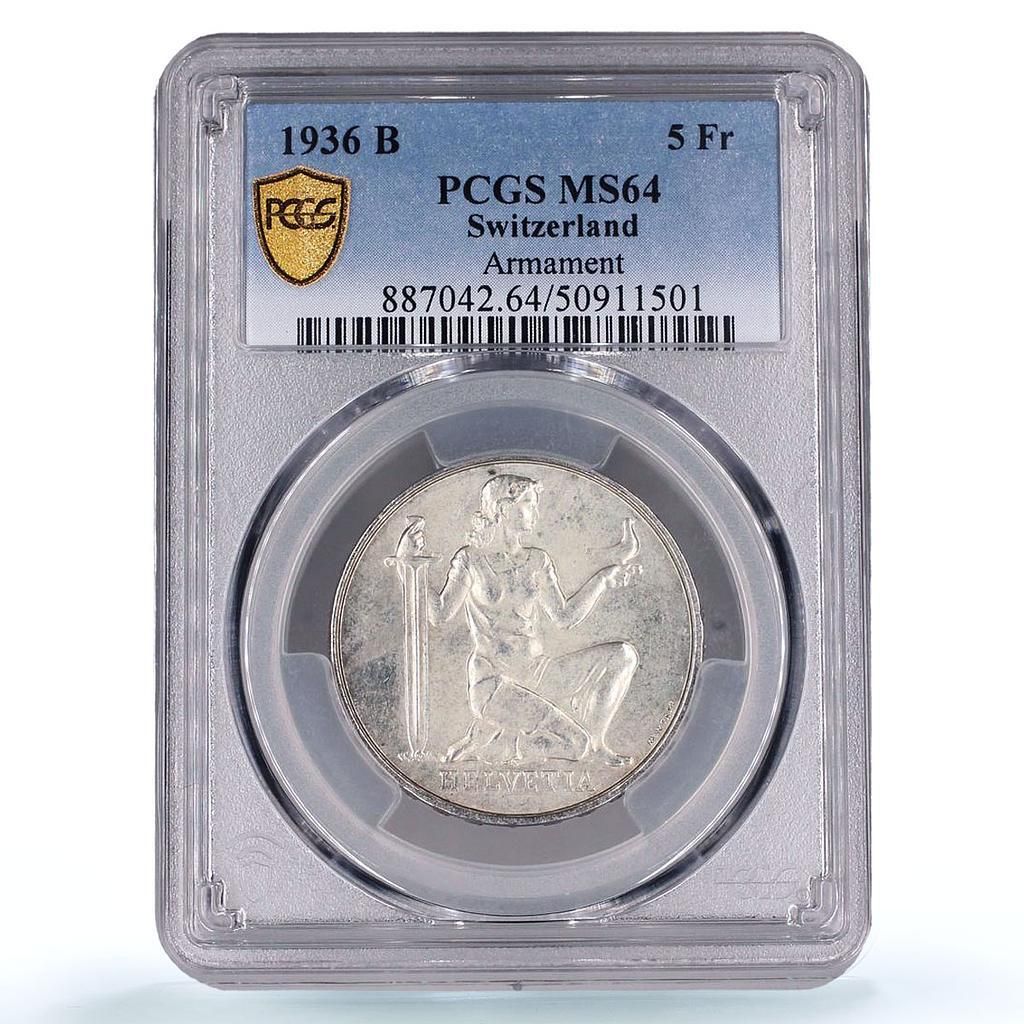 スイス 5フラン 戦時国債 軍備基金 ヘルヴェティア MS 64 PCGS 銀貨 1936年
