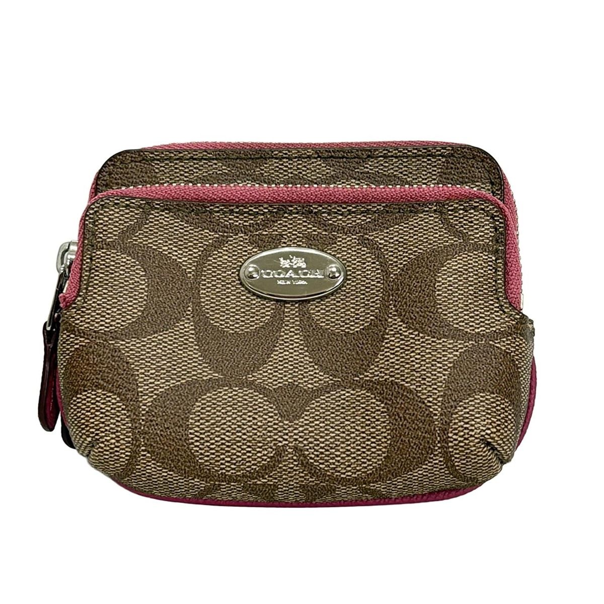 COACH コーチ コインケース シグネチャー ダブル ジップ コインウォレット F 63338 カーキ ダークブラウン