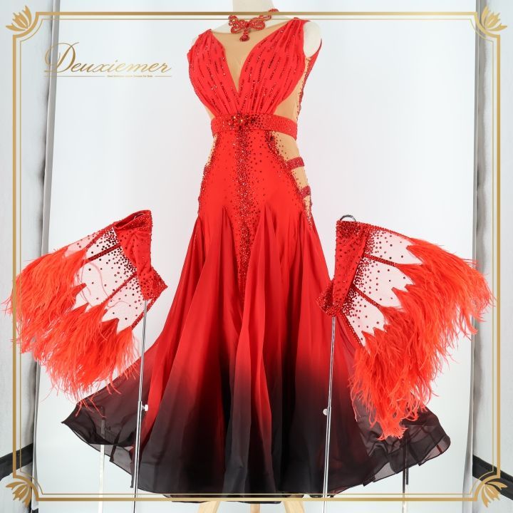 社交ダンス 衣装 ジャンティ gentil スタンダードドレス スタンダード ドレス ワンピース 赤 黒 羽 グラデーション デモ 競技 パーティ 発表会 ダンス ブラック系 レッド系 日本製 フォーマル おしゃれ 豪華 デザイン レディース ダンス衣装