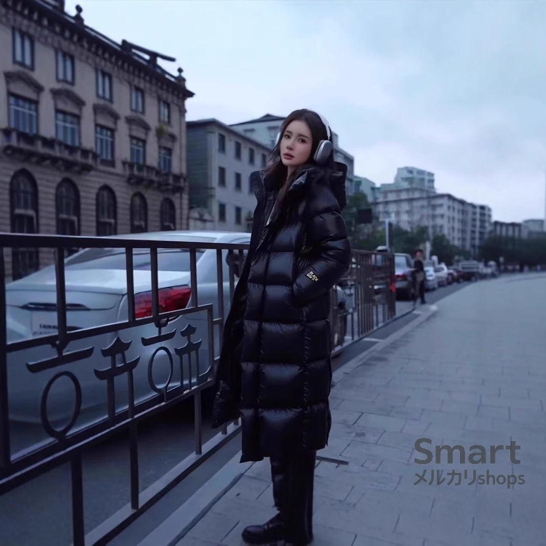 ダウンコート ユニセックス ロング フード付き ブラックゴールド 厚手 保温 カップル 過膝丈 秋冬 アウター M 251128 6