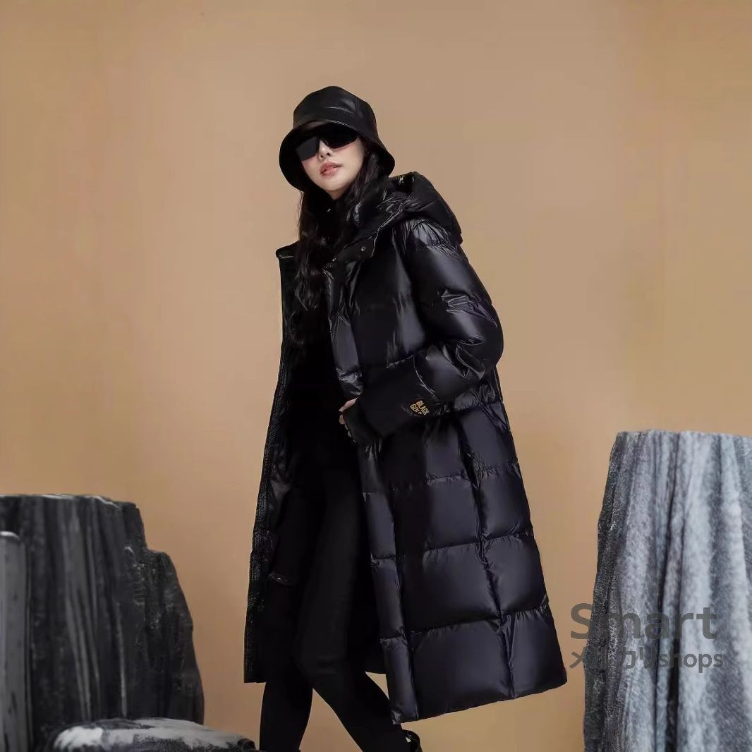 ダウンコート ユニセックス ロング フード付き ブラックゴールド 厚手 保温 カップル 過膝丈 秋冬 アウター M 251128 6