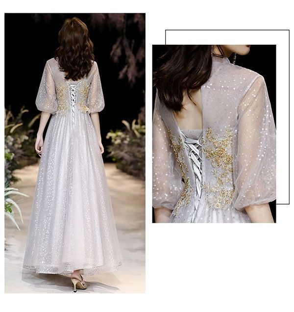 L グレー パーティードレス ロングドレス 演奏会 ハイネック 半袖 ドレス 編み上げタイプ 大人 ピアノ 発表会 結婚式 演奏会用ドレス ロング丈 お呼ばれドレス da 083 g 5