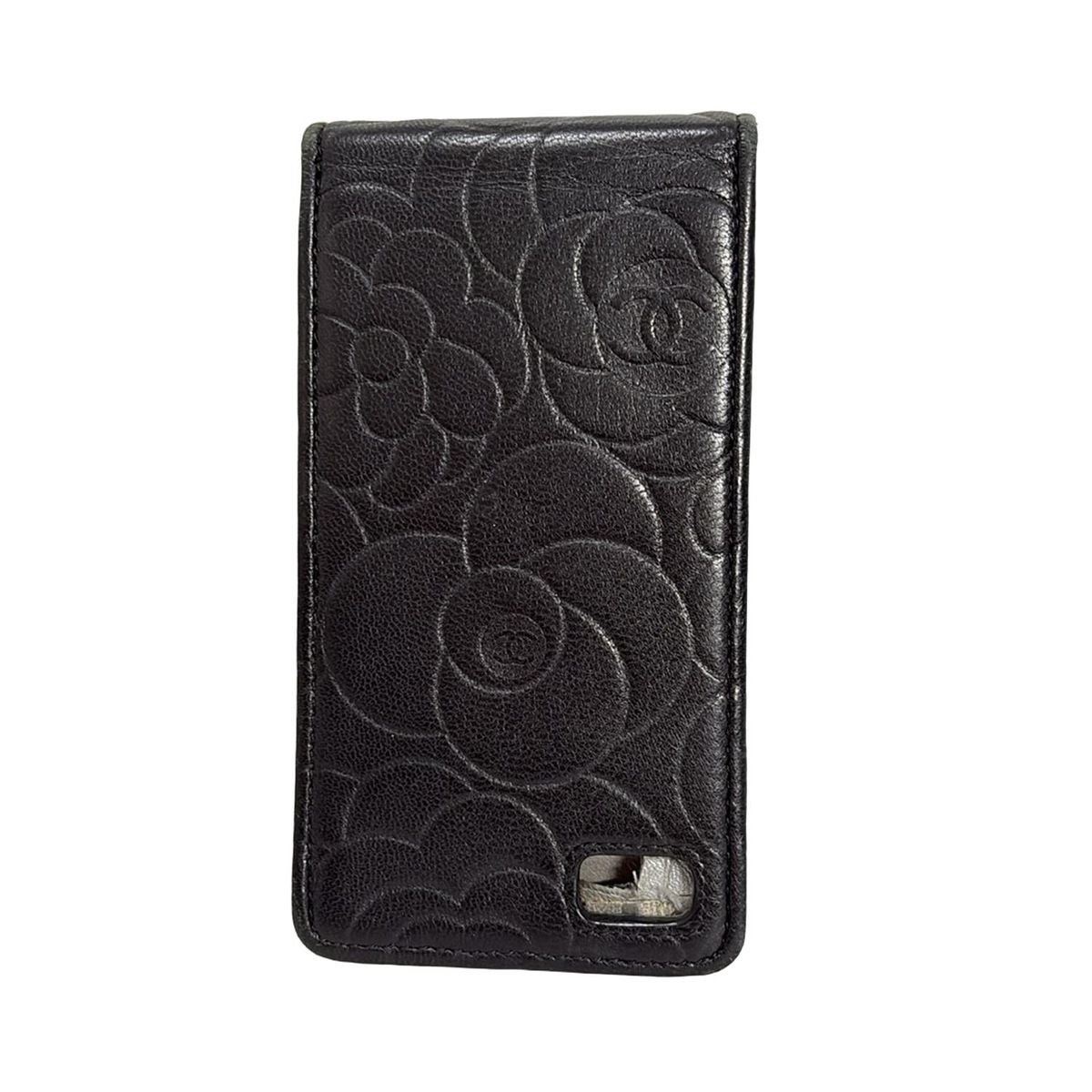 CHANEL シャネル 携帯電話ケース - 黒 スマートフォンケース|カメリア|シルバー金具 ラムスキン