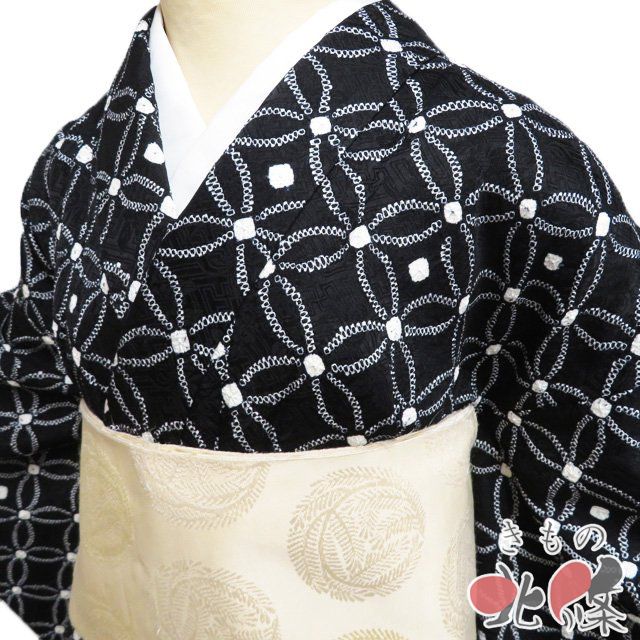 小紋 着物 中古 正絹 袷 カジュアル 絞り染め 七宝模様 地模様 黒色