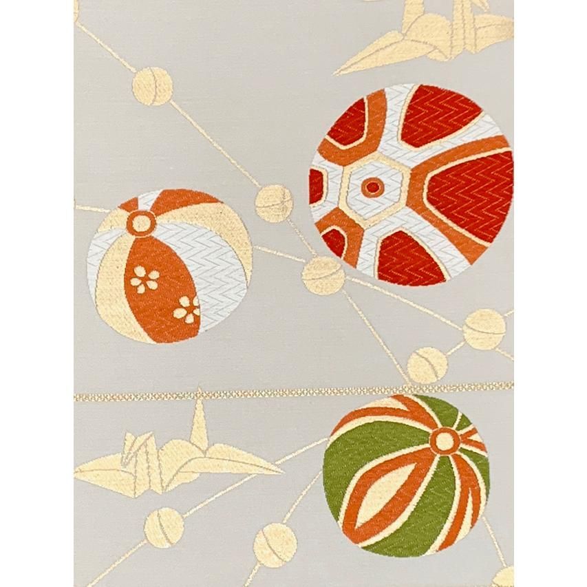 西陣織 子供 袋帯 全通 仕立て上がり 十三参り 七五三に 生成り系 折り鶴と鞠