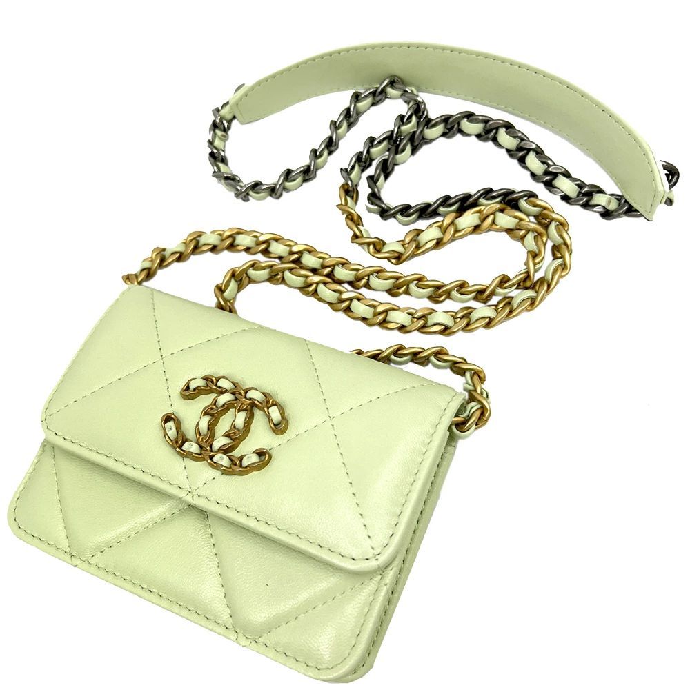 【未使用品】CHANEL シャネル CHANEL19 フラップパース 財布 チェーンウォレット ミニサイズ ラムスキン ライトグリーン　ピスタチオグリーン スリーカラー ヴィンテージ金具 AP1787 チェーンショルダー【ブランドギャラリー東心斎橋店】 未使用品】CHANEL シャネル CHANEL19 フラップコインパース 財布