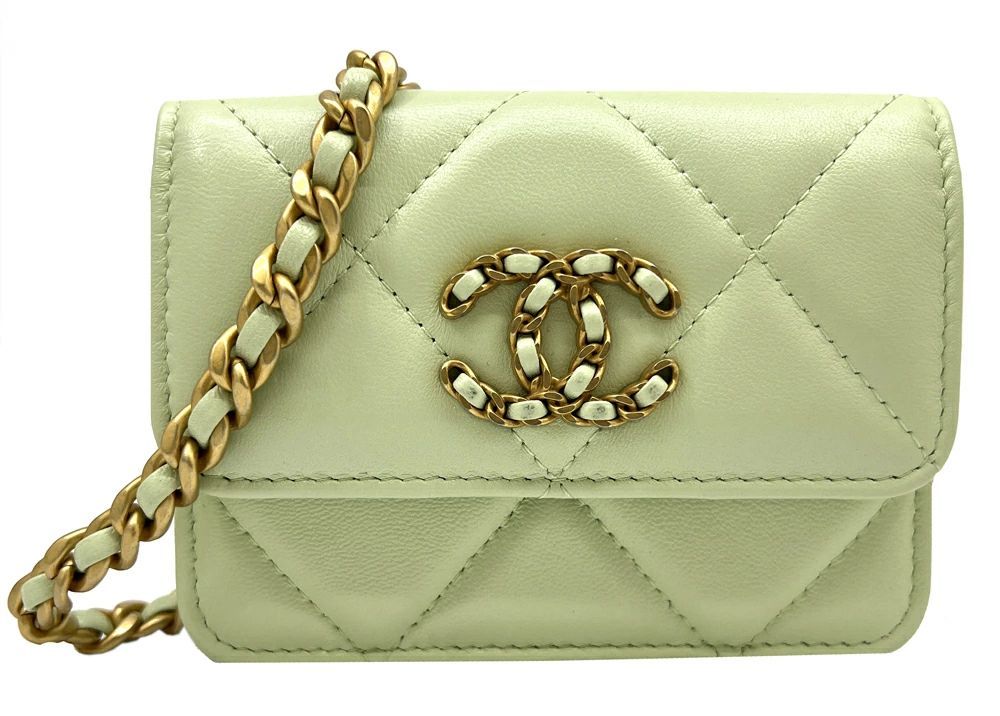 【未使用品】CHANEL シャネル CHANEL19 フラップパース 財布 チェーンウォレット ミニサイズ ラムスキン ライトグリーン　ピスタチオグリーン スリーカラー ヴィンテージ金具 AP1787 チェーンショルダー【ブランドギャラリー東心斎橋店】 未使用品】CHANEL シャネル CHANEL19 フラップコインパース 財布
