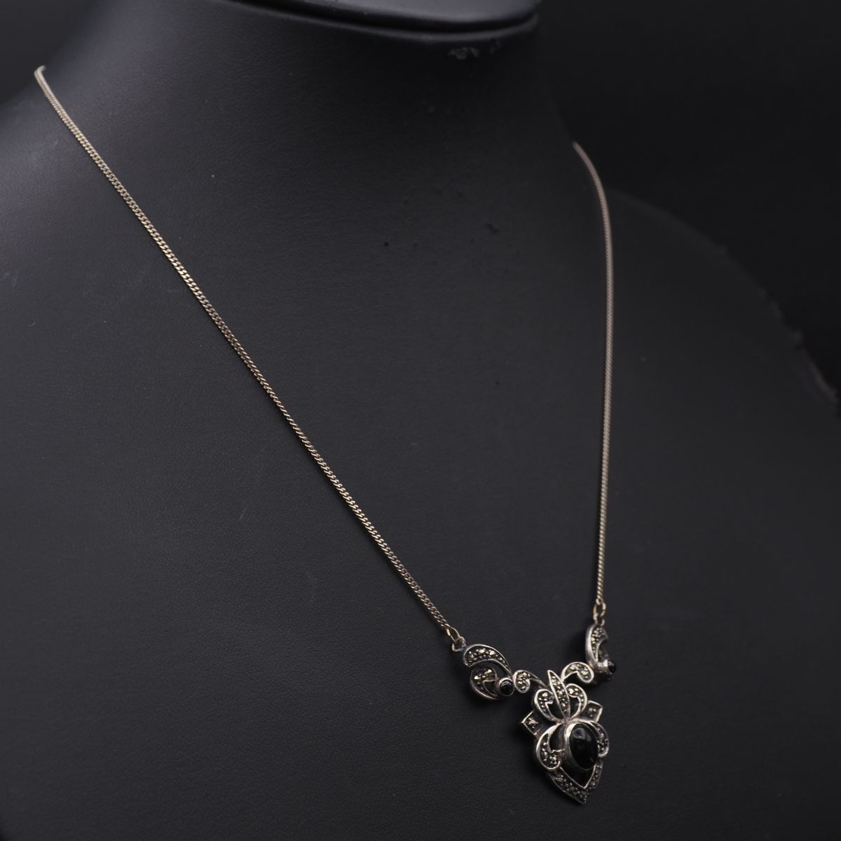 1930年代　マーカサイト×オニキス　シルバーネックレス H830 オニキス マーカサイト マルカジット STERLING SILVER925刻印