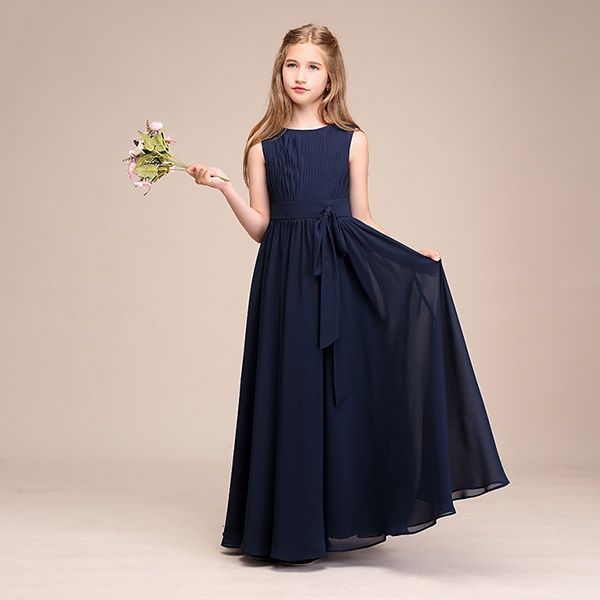 160 cm ネイビー 子供ドレス ピアノ発表会 ロングドレス プリーツ 上品 女の子 シフォン生地ワンピース ビオラバイオリン演奏会 フォーマル キッズ ファスナー フラワーガール 花嫁付き添い dt 019 x 1