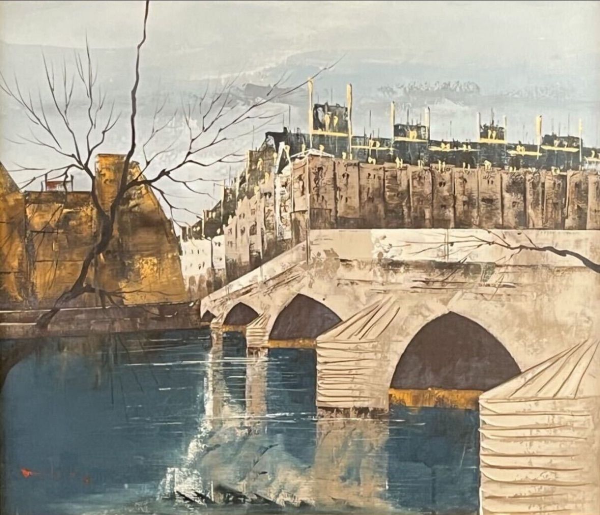 油彩画　パリ　セーヌ河ポンマリー橋　宮腰　潤 油彩画 パリ セーヌ河ポンマリー橋 宮腰 潤 宮腰潤 「セーヌ川/ポン