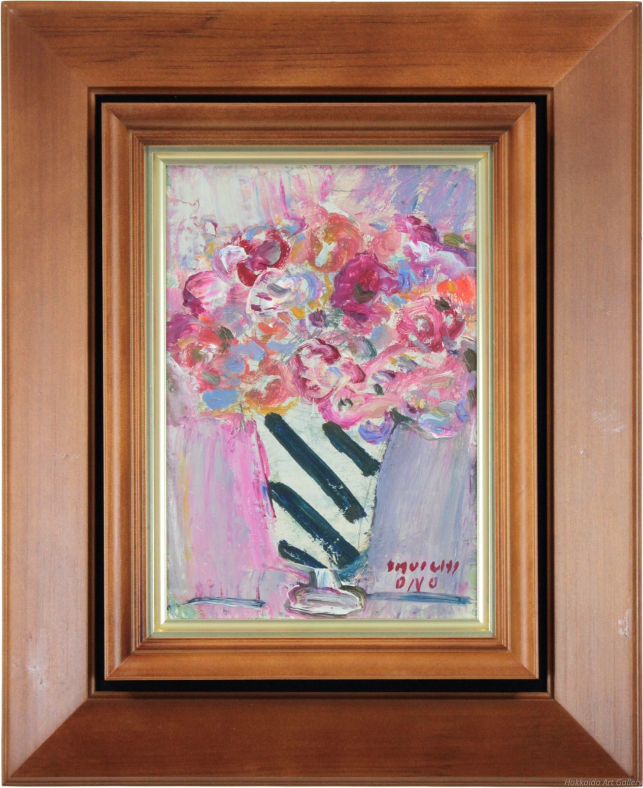 小野州一 黒いバックの花 油絵 P6号 モダン逸品 小野州一 黒いバックの