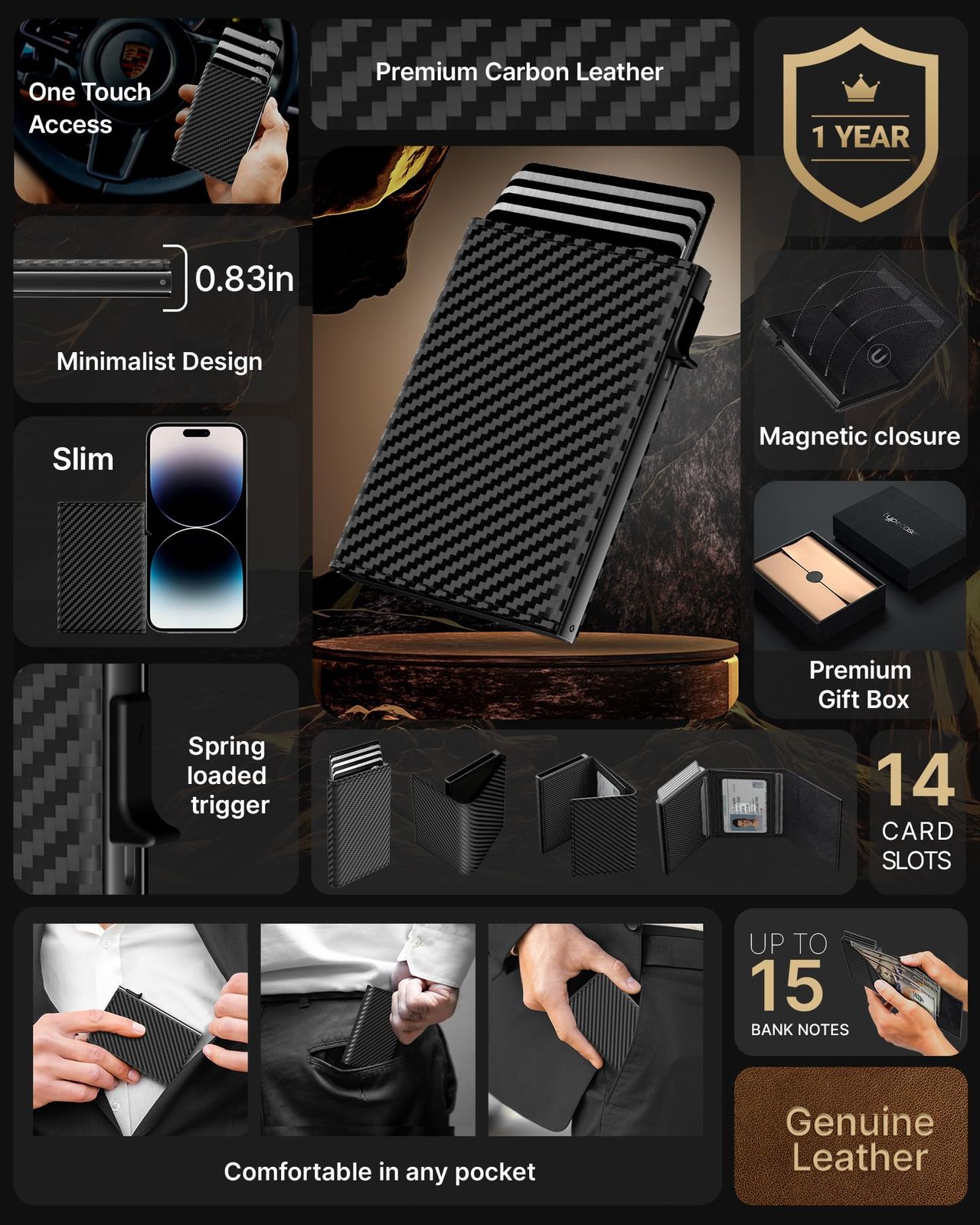 typecase メンズウォレットカードホルダー スマートウォレット ポップアップアルミケース レザー RFIDブロッキング スリム ミニマリスト フロントポケット - カード容量9-14 | IDウィンドウ キャッシュスロット カーボンファイバー ブラ