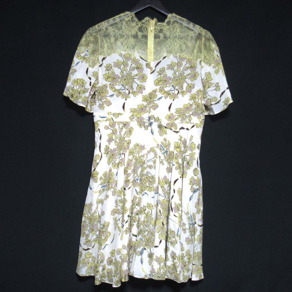 ヴァレンティノ フラワープリント レース切り替え 半袖 シルク ワンピース サイズ40 アイボリー イエロー系 レディース 古着