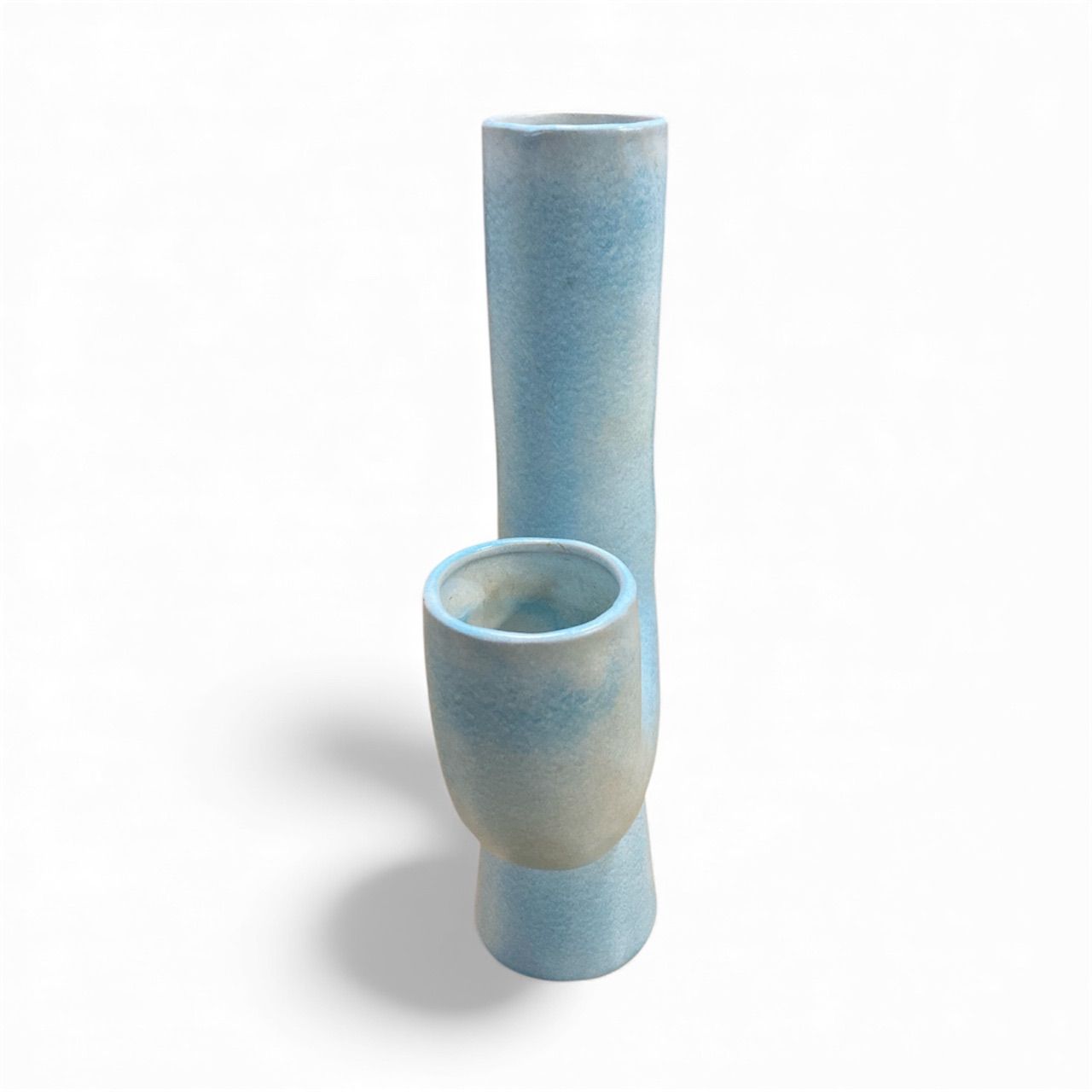 ☆和モダン／青緑色の変形フラワーベース／陶器・華道・置物・美術品【美品】 青色 陶器 花瓶 ユニークデザイン 高約33cm 花瓶 花器 フラワーベース