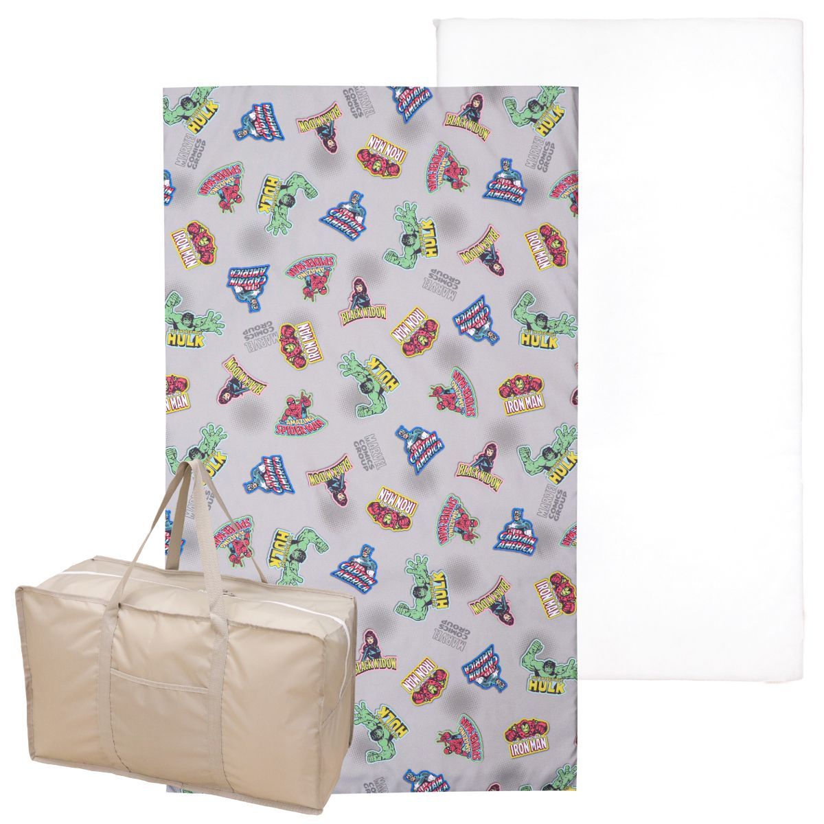 マーベル アベンジャーズ お昼寝布団 保育園 3点セット 70×120cm MARVEL 吸水 ファスナー 固わたマット 防水撥水バッグ ネームタグ 新品 キッズ スパイダーマン アイアンマン ハルク グレー un dou