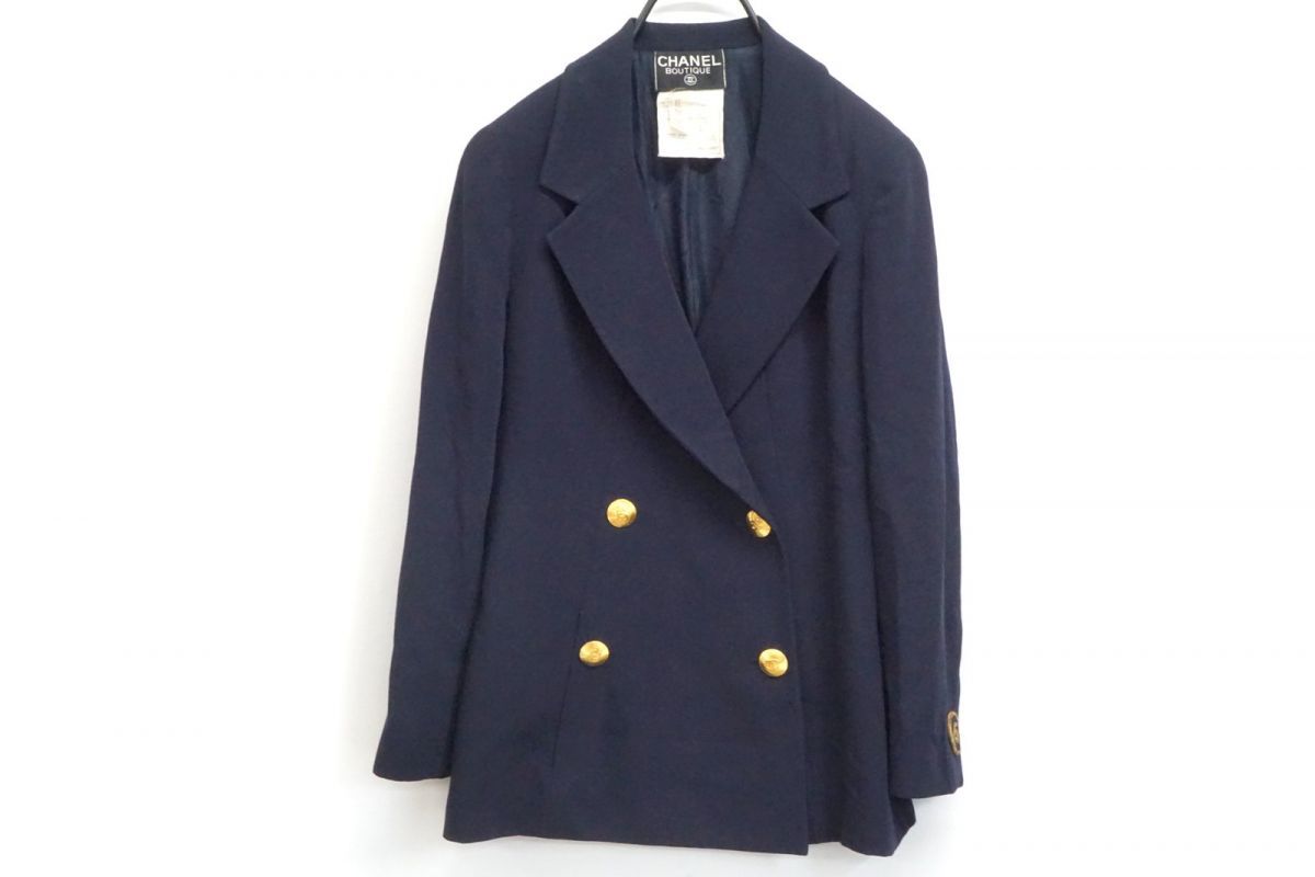シャネル ヴィンテージ ダブル テーラードジャケット 金ボタン ココマーク No.5 ワッペン ウール 紺 ネイビー CHANEL 4588 f