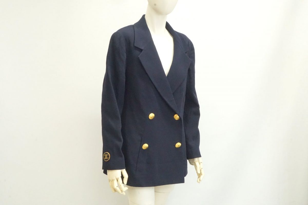 シャネル ヴィンテージ ダブル テーラードジャケット 金ボタン ココマーク No 5 ワッペン ウール 紺 ネイビー CHANEL 4588 f 高検索ワード 刺繍入り