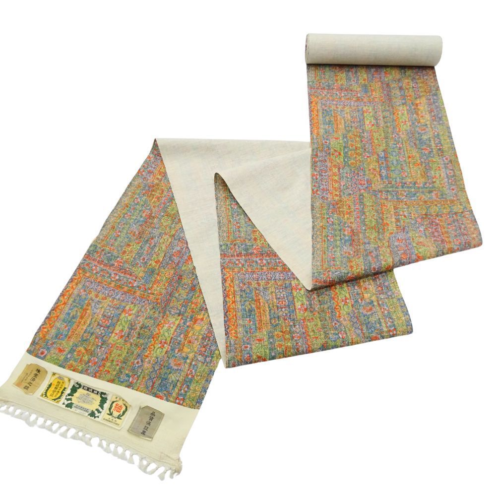 結城紬反物 正絹 リユース 染め小紋 縦縞更紗 パッチワーク柄 41-0239 8050-00