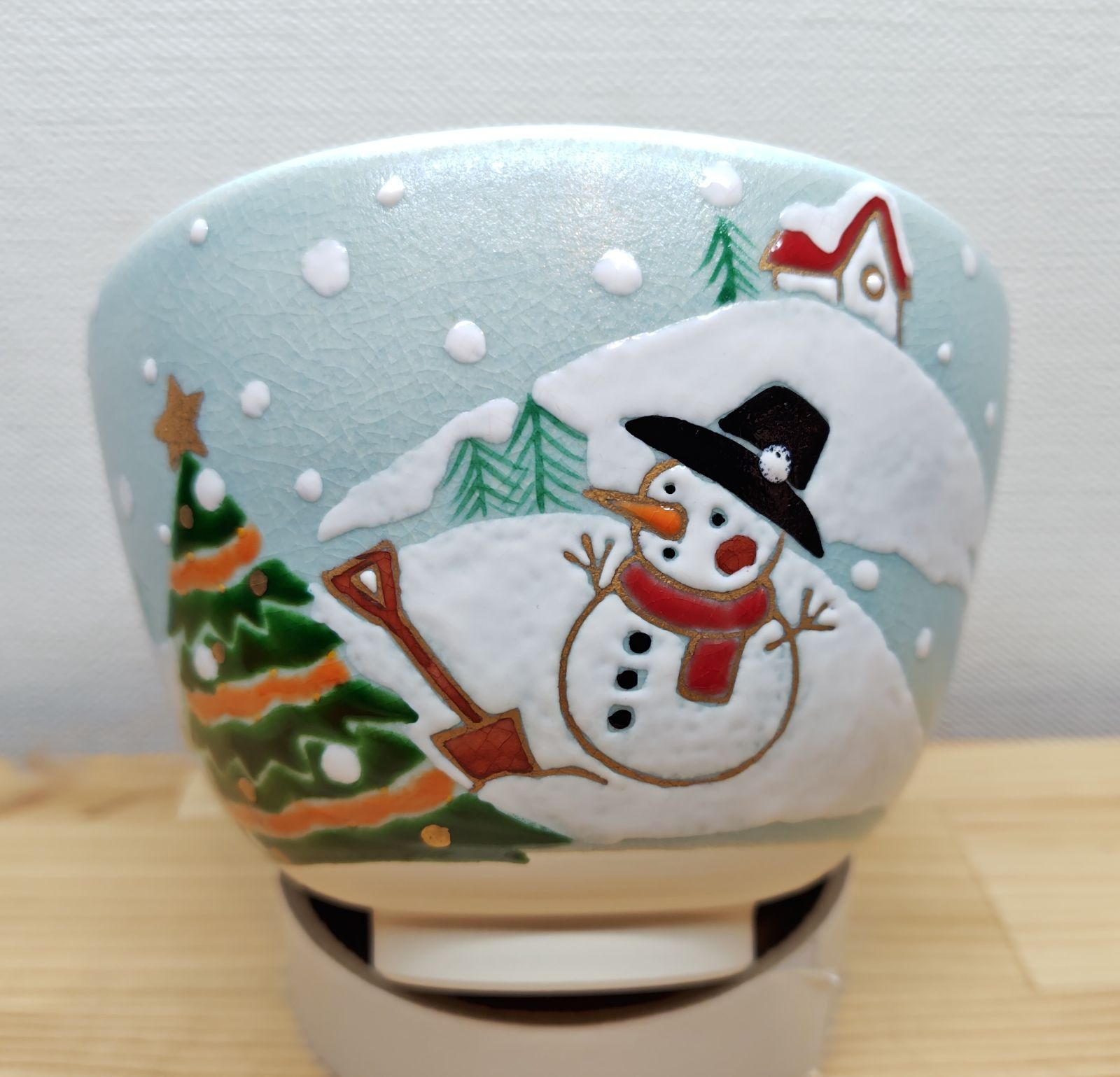 逢絢亭・新品】茶道具 茶碗 京焼 ツリーと雪だるまの絵 水出宋絢 紙箱