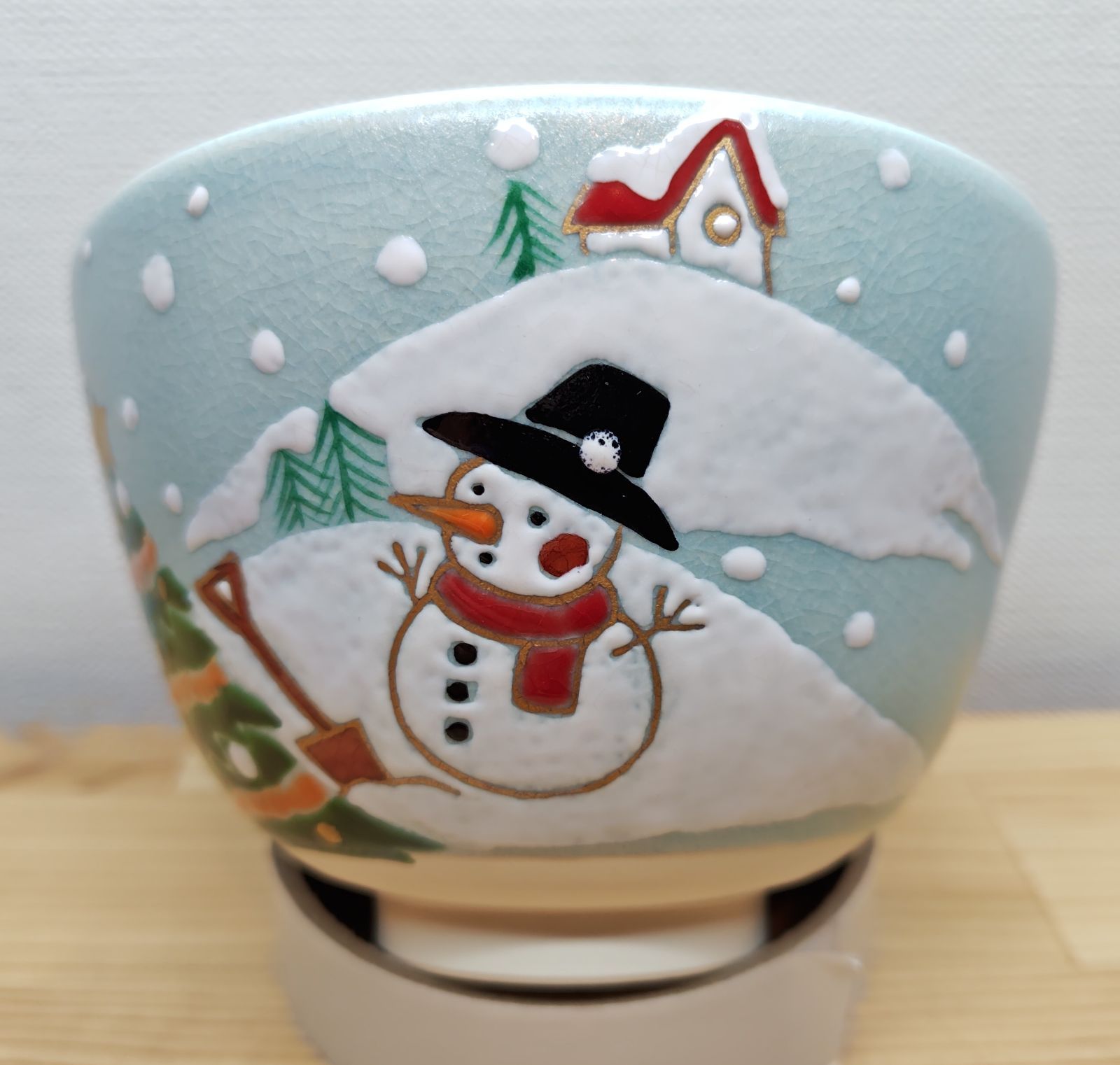 逢絢亭・新品】茶道具 茶碗 京焼 ツリーと雪だるまの絵 水出宋絢 紙箱