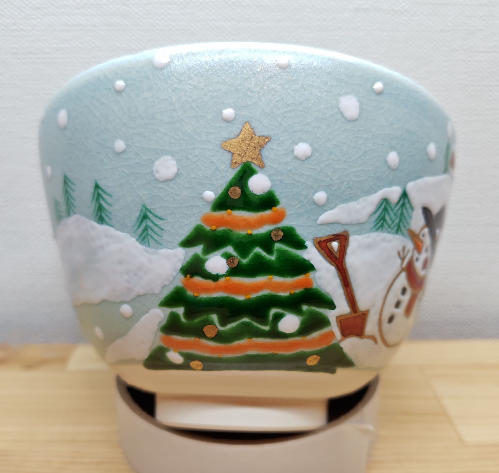 逢絢亭・新品】茶道具 茶碗 京焼 ツリーと雪だるまの絵 水出宋絢 紙箱