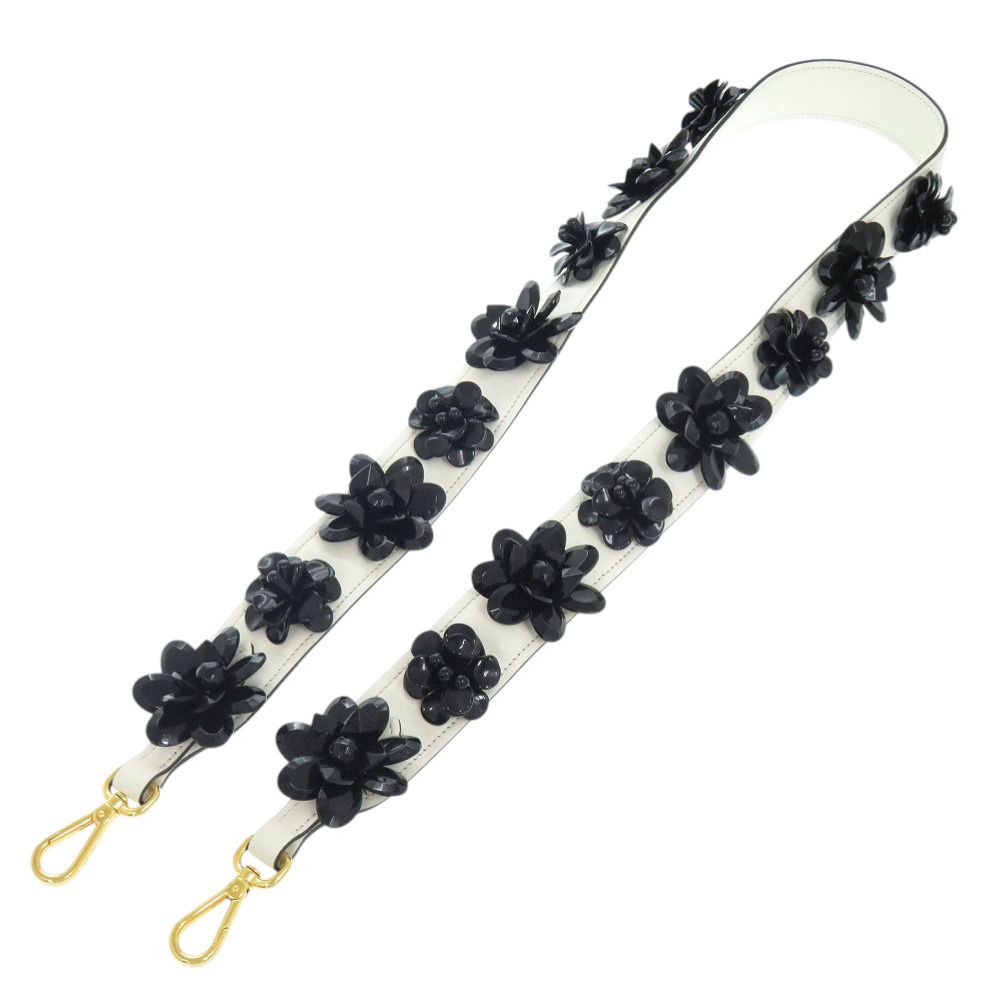 美品 プラダ ショルダーベルト ホワイト × ブラックフラワー レザー ショルダーストラップ 1085 PRADA
