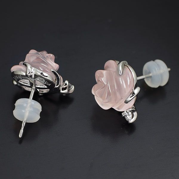 K 18 WG| Pt 900 カービング ローズクオーツ ダイヤモンド ピアス 7.29 ct D 0.10 フラワー 薔薇
