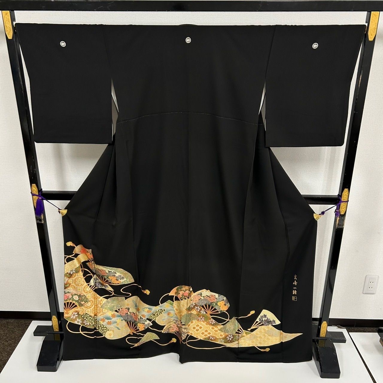 作家物 黒留袖 本金箔 裄67 扇に花 比翼 五つ紋 正絹 着物 MK-1665