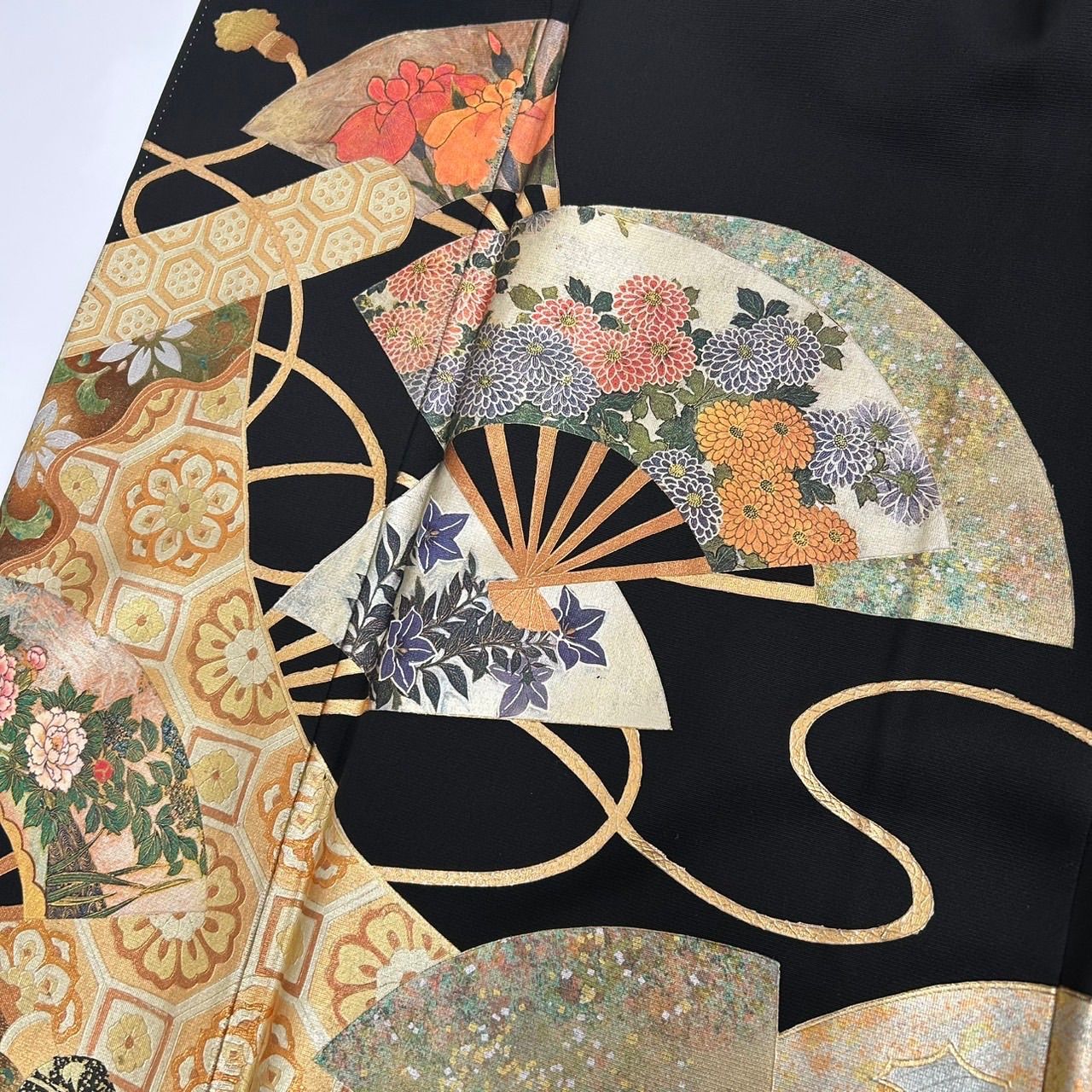 作家物 黒留袖 本金箔 裄67 扇に花 比翼 五つ紋 正絹 着物 MK-1665